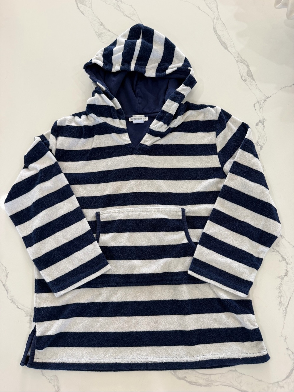 Pottery Barn Kids Rugby Stripe Hooded Terry Swim Cover-Up Navy White Size 8-10